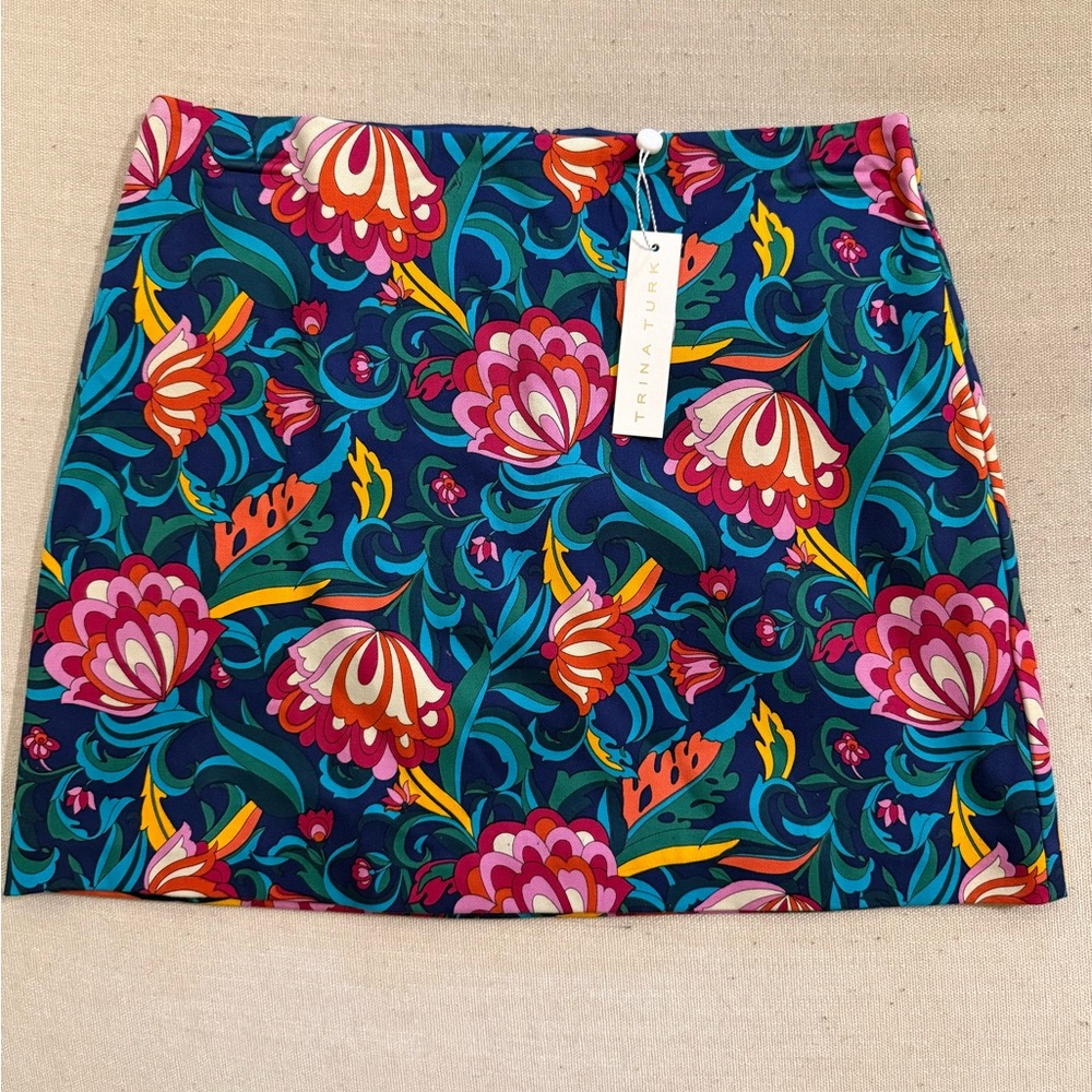 Trina Turk Teal ‘Rico’ Floral Mini Skirt with Pink & Orange Accents